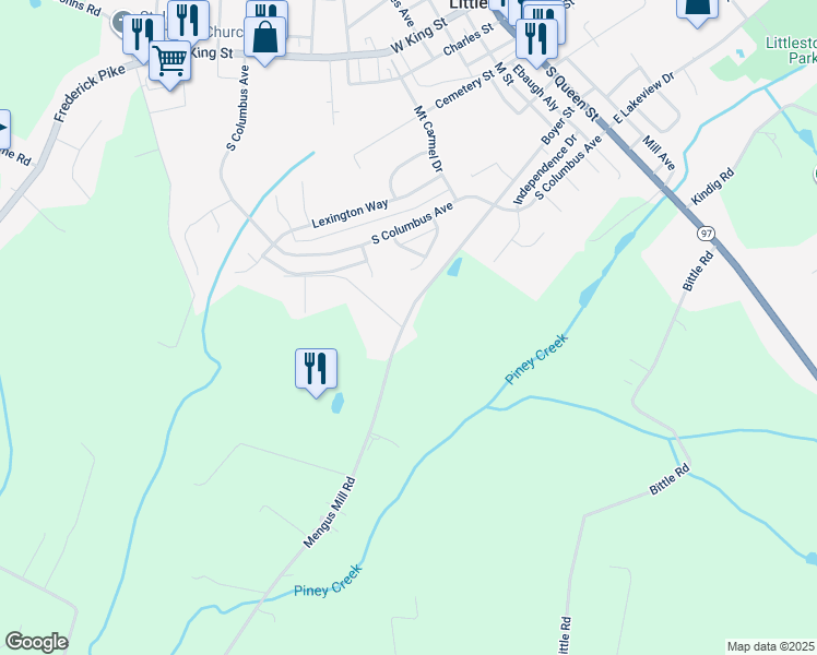 map of restaurants, bars, coffee shops, grocery stores, and more near 320 Mengus Mill Road in Littlestown