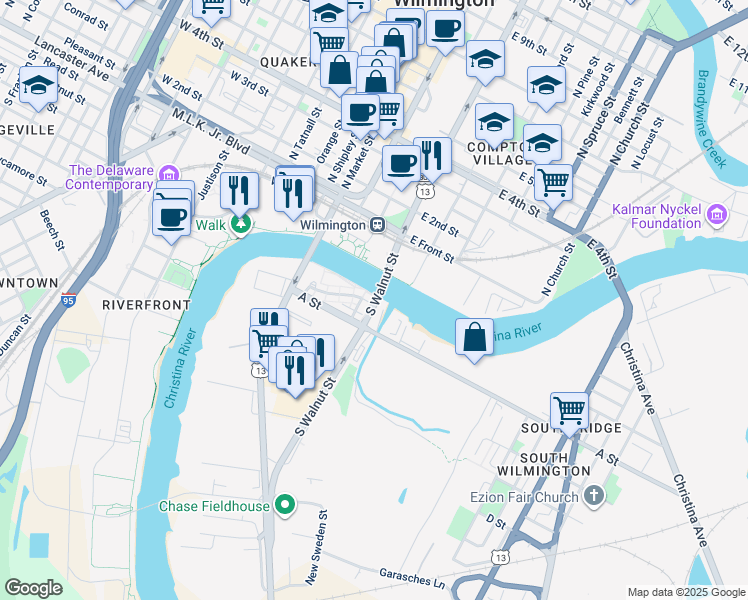 map of restaurants, bars, coffee shops, grocery stores, and more near 105 Christina Landing Drive in Wilmington