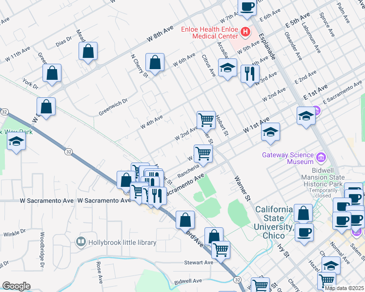 map of restaurants, bars, coffee shops, grocery stores, and more near 647 West 2nd Avenue in Chico