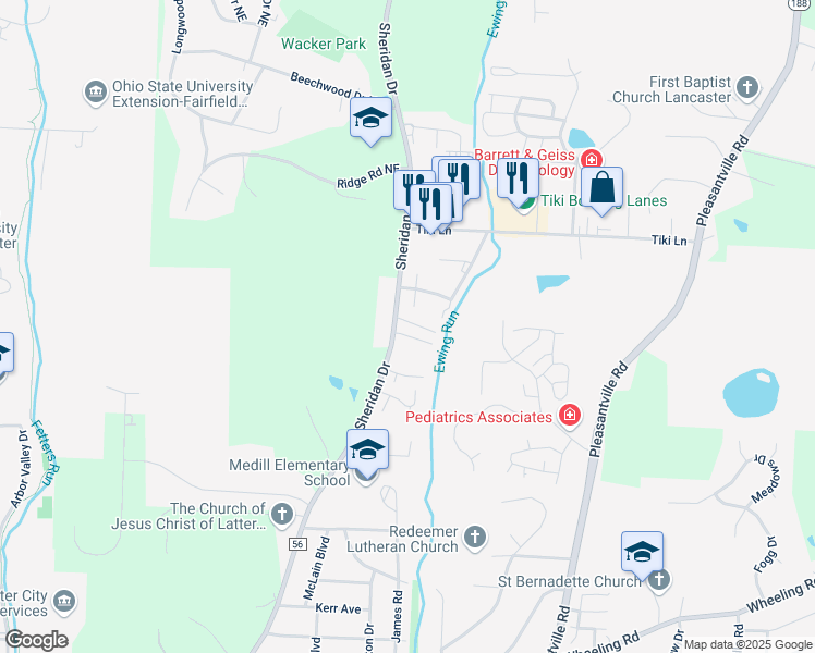 map of restaurants, bars, coffee shops, grocery stores, and more near 1366 Sheridan Drive in Lancaster