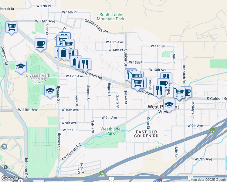 map of restaurants, bars, coffee shops, grocery stores, and more near 16547 West 11th Avenue in Golden