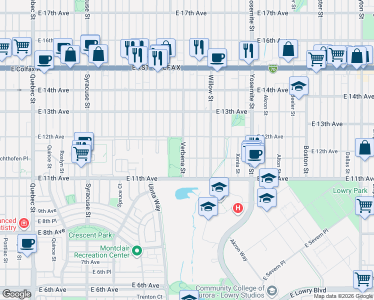 map of restaurants, bars, coffee shops, grocery stores, and more near 1170 Verbena Street in Denver