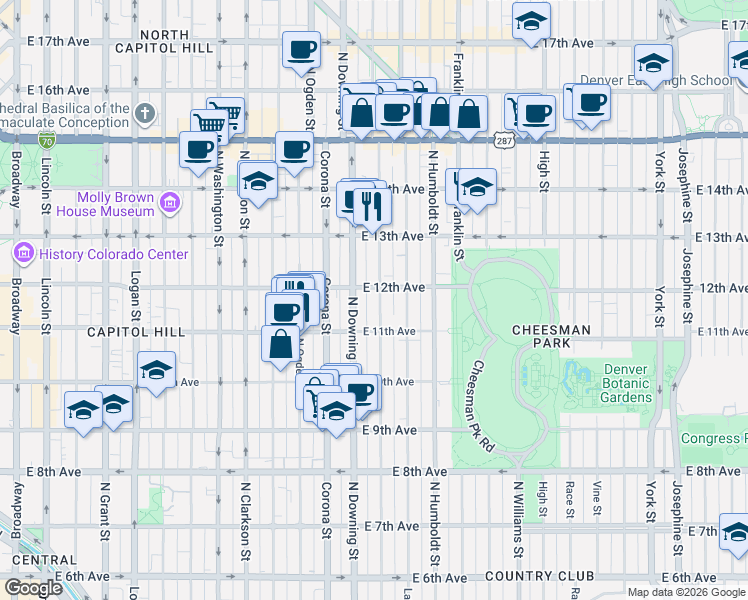 map of restaurants, bars, coffee shops, grocery stores, and more near 1151 Marion Street in Denver