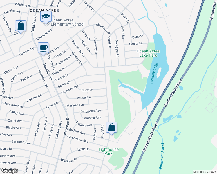 map of restaurants, bars, coffee shops, grocery stores, and more near 415 Lighthouse Drive in Stafford Township