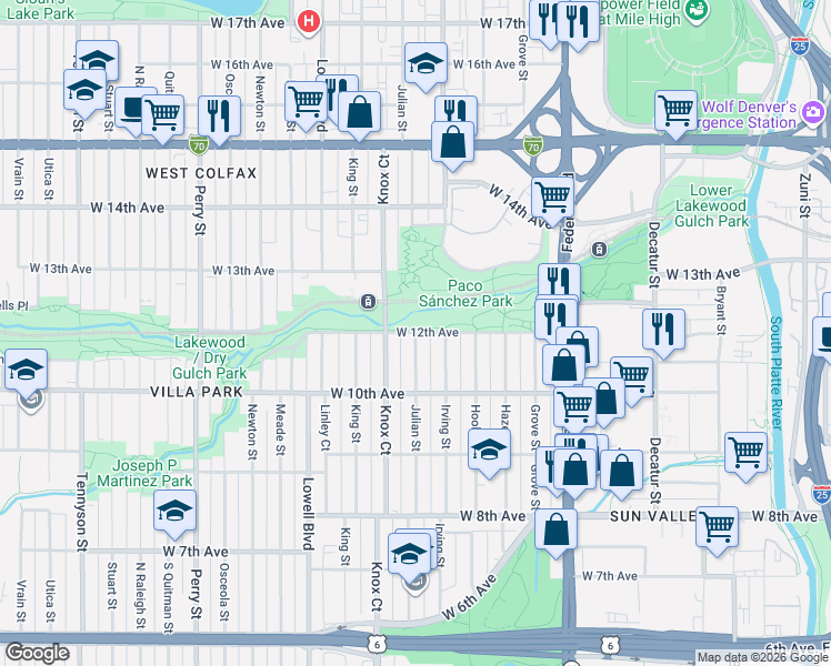 map of restaurants, bars, coffee shops, grocery stores, and more near 1198 Julian Street in Denver