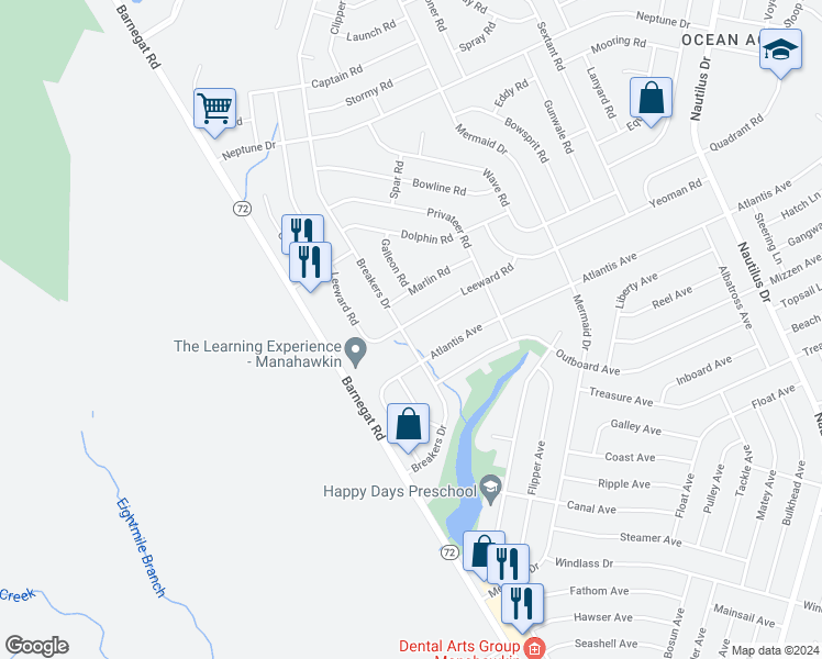 map of restaurants, bars, coffee shops, grocery stores, and more near 165 Leeward Road in Stafford Township