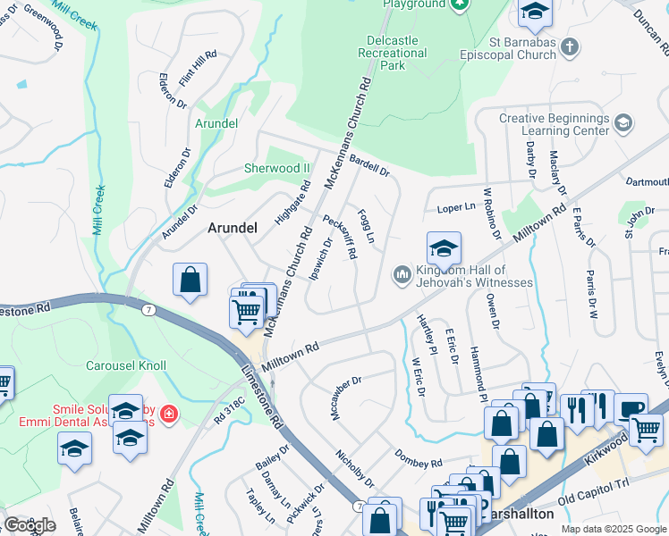 map of restaurants, bars, coffee shops, grocery stores, and more near 1210 Ipswich Drive in Wilmington