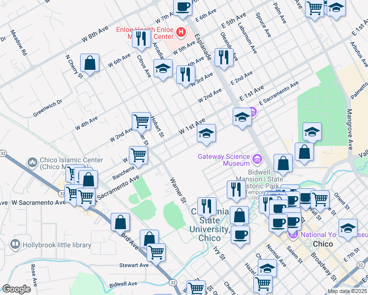 map of restaurants, bars, coffee shops, grocery stores, and more near 408 West Sacramento Avenue in Chico