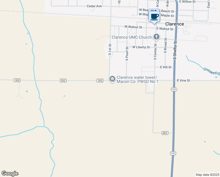 map of restaurants, bars, coffee shops, grocery stores, and more near 600 Shelby County 302 in Clarence
