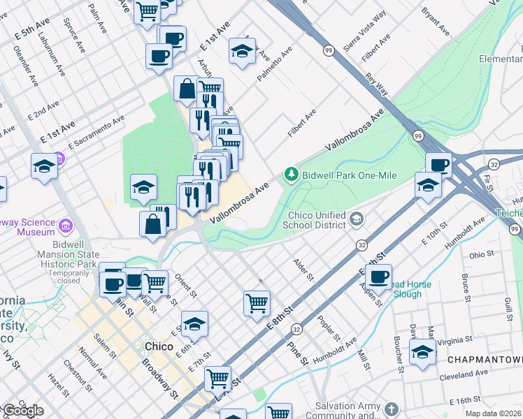 map of restaurants, bars, coffee shops, grocery stores, and more near 555 Vallombrosa Avenue in Chico