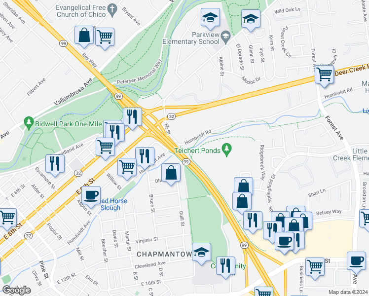 map of restaurants, bars, coffee shops, grocery stores, and more near 1459 Humboldt Road in Chico