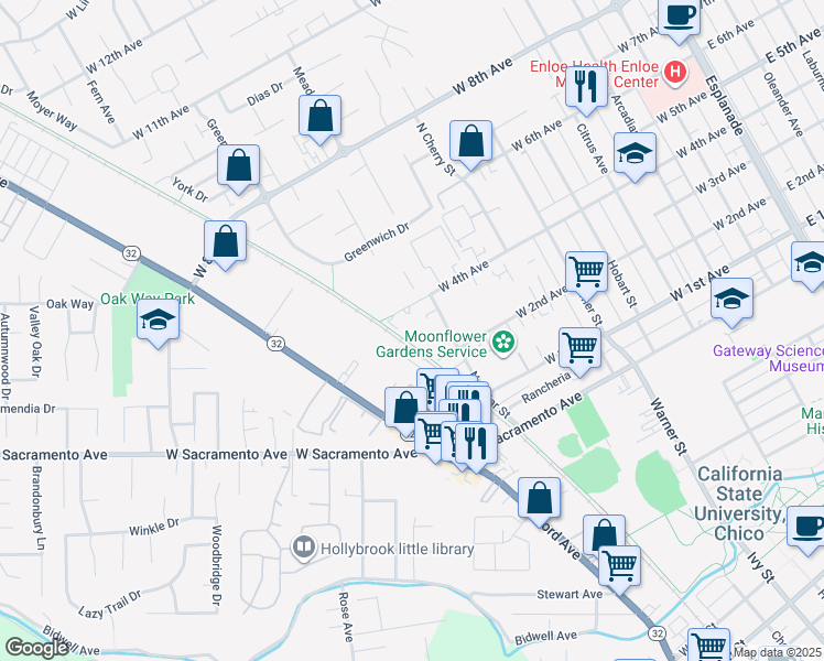 map of restaurants, bars, coffee shops, grocery stores, and more near 929 West 4th Avenue in Chico