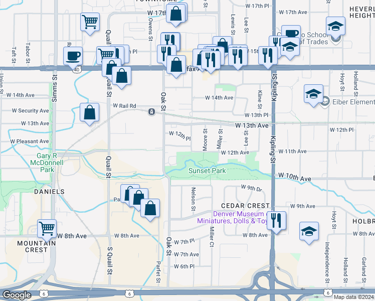 map of restaurants, bars, coffee shops, grocery stores, and more near 10640 West 12th Lane in Lakewood