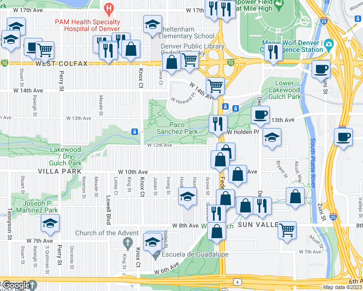 map of restaurants, bars, coffee shops, grocery stores, and more near 3200 West 12th Avenue in Denver