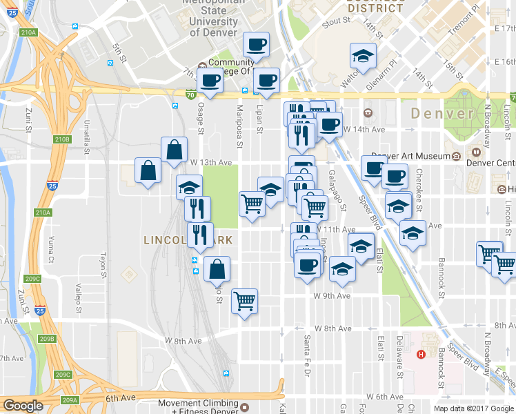 map of restaurants, bars, coffee shops, grocery stores, and more near 1157 Lipan Street in Denver