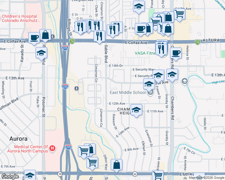 map of restaurants, bars, coffee shops, grocery stores, and more near 14520 East 13th Avenue in Aurora