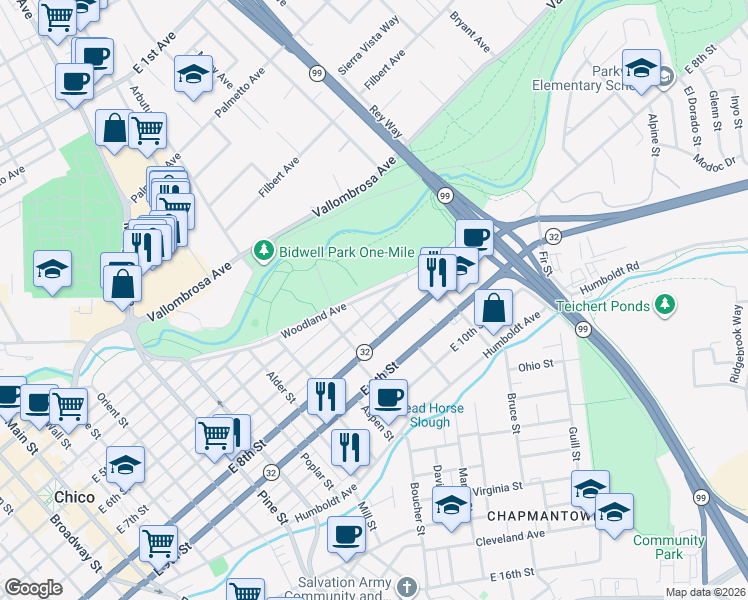 map of restaurants, bars, coffee shops, grocery stores, and more near 1197 Woodland Avenue in Chico