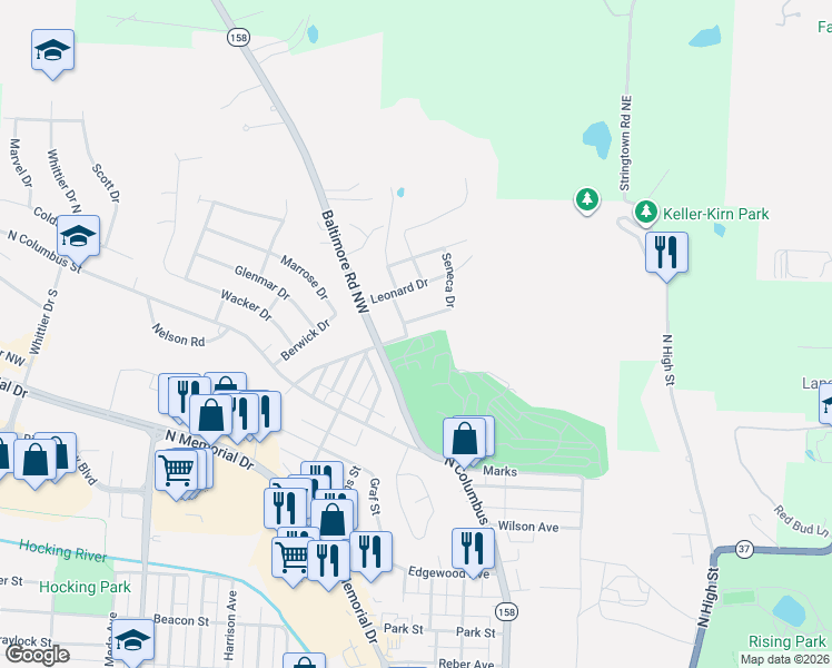 map of restaurants, bars, coffee shops, grocery stores, and more near 1517 Griffith Street in Lancaster