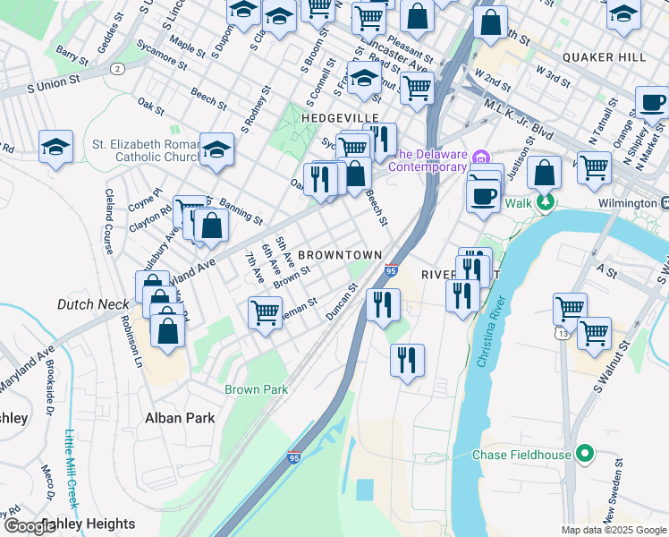 map of restaurants, bars, coffee shops, grocery stores, and more near 909 Wright Street in Wilmington