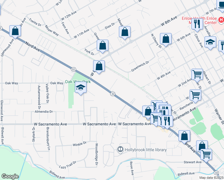 map of restaurants, bars, coffee shops, grocery stores, and more near 1570 Nord Avenue in Chico