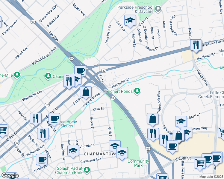 map of restaurants, bars, coffee shops, grocery stores, and more near 1459 Humboldt Road in Chico