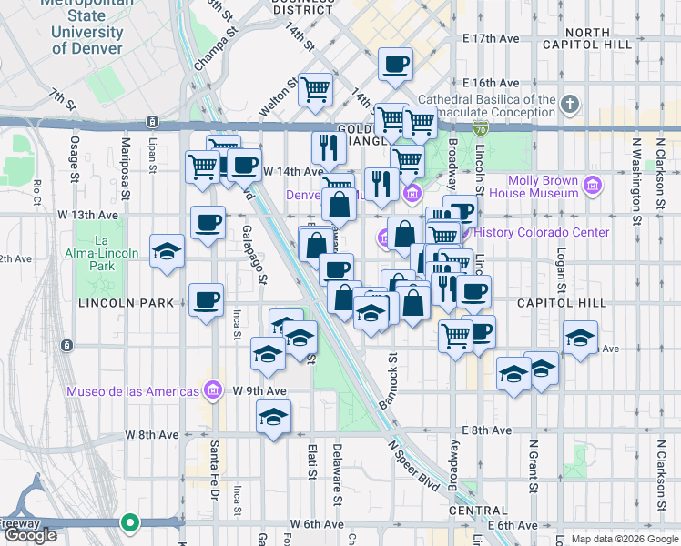map of restaurants, bars, coffee shops, grocery stores, and more near 1156 Delaware Street in Denver