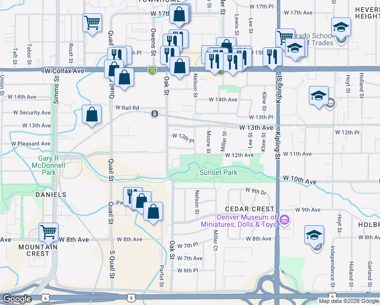 map of restaurants, bars, coffee shops, grocery stores, and more near 10640 West 12th Lane in Lakewood