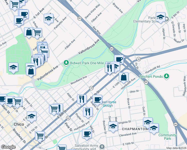 map of restaurants, bars, coffee shops, grocery stores, and more near 1197 Woodland Avenue in Chico