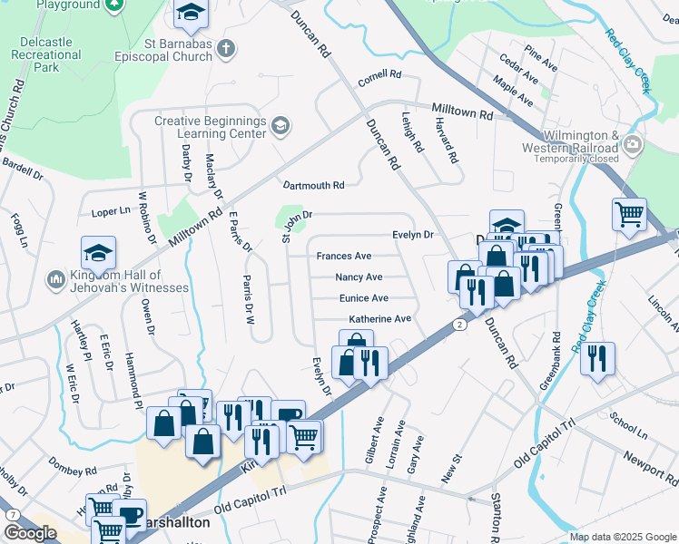 map of restaurants, bars, coffee shops, grocery stores, and more near 3827 Nancy Avenue in Wilmington