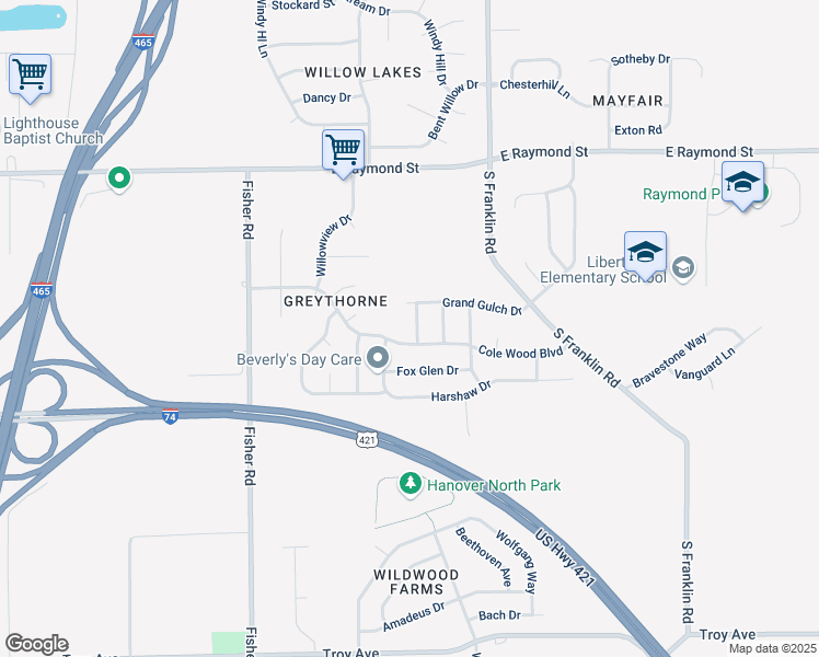 map of restaurants, bars, coffee shops, grocery stores, and more near 2448 Sundad Drive in Indianapolis