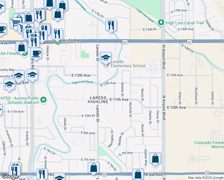 map of restaurants, bars, coffee shops, grocery stores, and more near 1176 Lewiston Street in Aurora