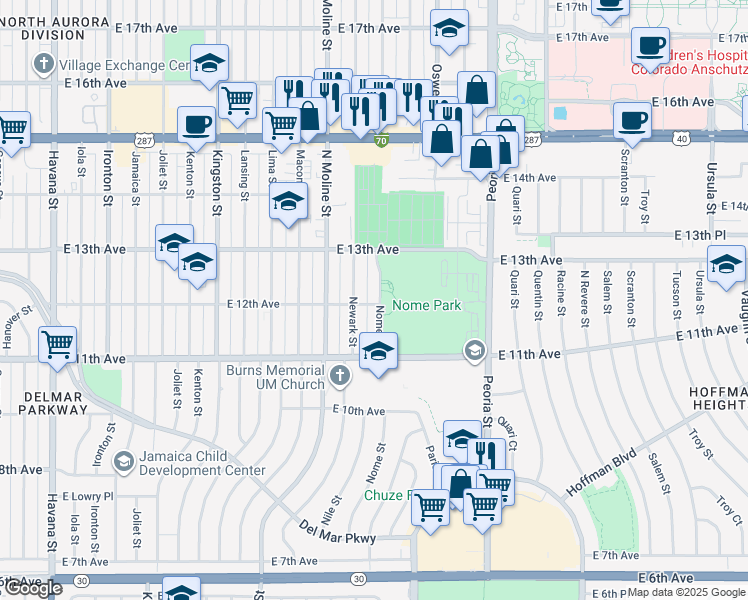 map of restaurants, bars, coffee shops, grocery stores, and more near 1200 Nome Street in Aurora