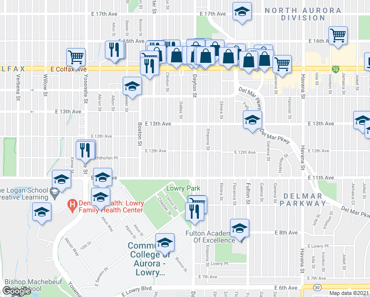 map of restaurants, bars, coffee shops, grocery stores, and more near 1203 Dayton Street in Aurora
