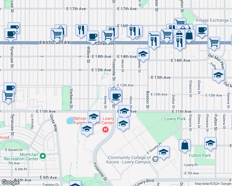 map of restaurants, bars, coffee shops, grocery stores, and more near 1166 Yosemite Street in Denver