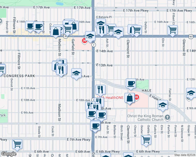map of restaurants, bars, coffee shops, grocery stores, and more near 1201 Albion Street in Denver