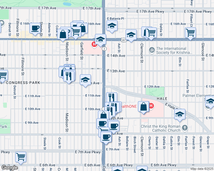 map of restaurants, bars, coffee shops, grocery stores, and more near 1201 Albion Street in Denver