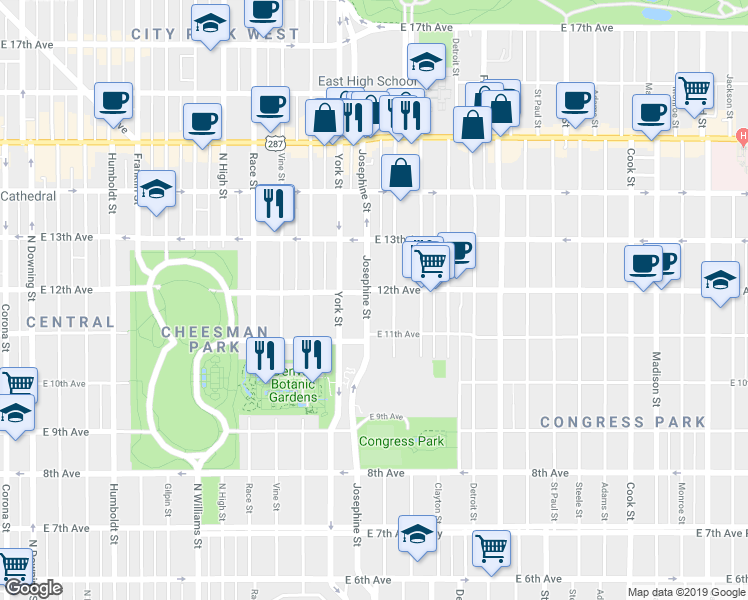 map of restaurants, bars, coffee shops, grocery stores, and more near 1165 Columbine Street in Denver