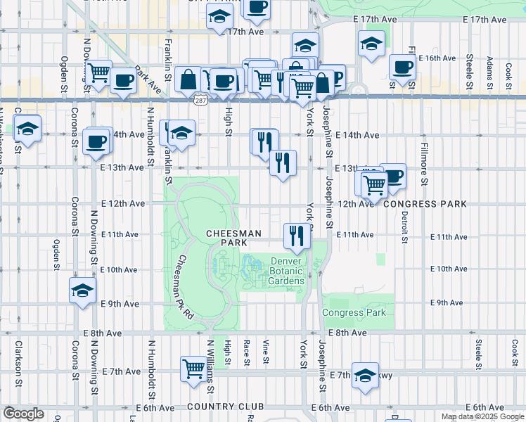 map of restaurants, bars, coffee shops, grocery stores, and more near in Denver