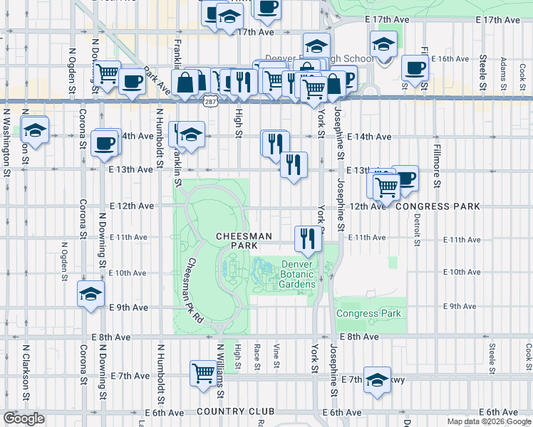 map of restaurants, bars, coffee shops, grocery stores, and more near in Denver