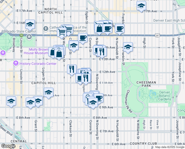 map of restaurants, bars, coffee shops, grocery stores, and more near 1165 Corona Street in Denver