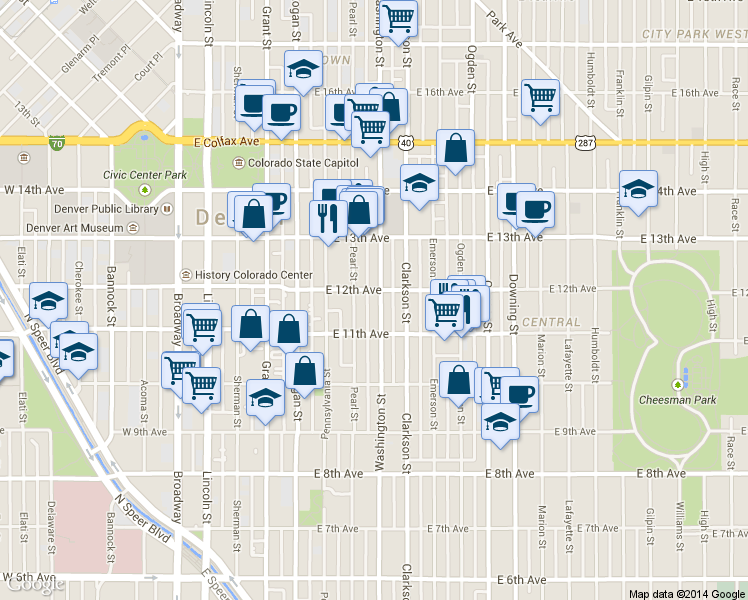 map of restaurants, bars, coffee shops, grocery stores, and more near in Denver