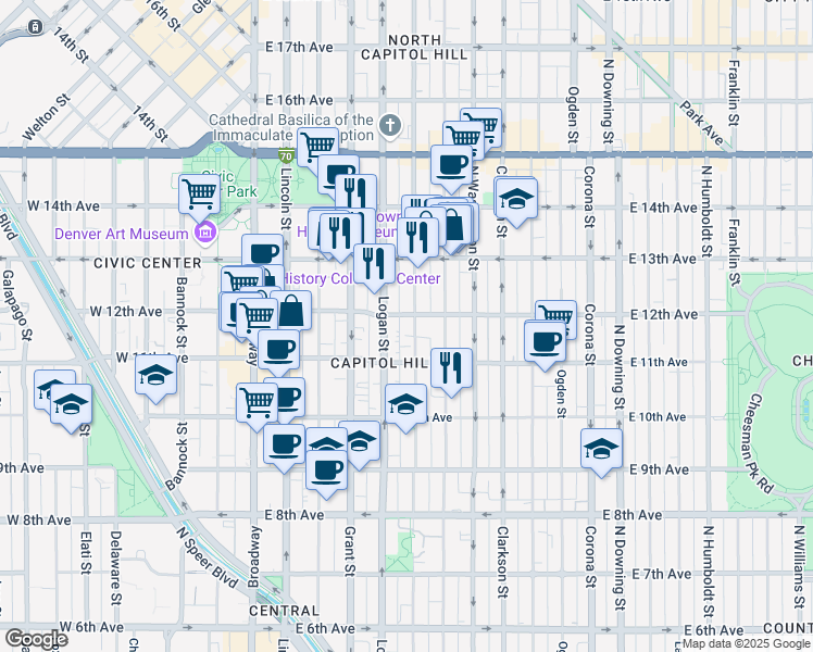 map of restaurants, bars, coffee shops, grocery stores, and more near 1170 Logan Street in Denver