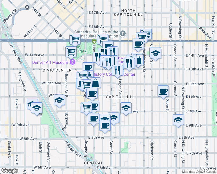 map of restaurants, bars, coffee shops, grocery stores, and more near 1196 Grant Street in Denver