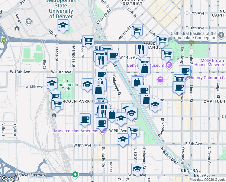 map of restaurants, bars, coffee shops, grocery stores, and more near 61 Galapago Street in Denver