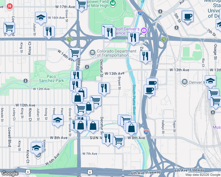 map of restaurants, bars, coffee shops, grocery stores, and more near 2701w West 12th Avenue in Denver