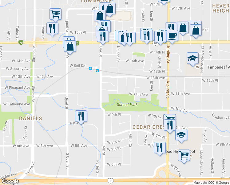 map of restaurants, bars, coffee shops, grocery stores, and more near 10640 West 12th Lane in Lakewood