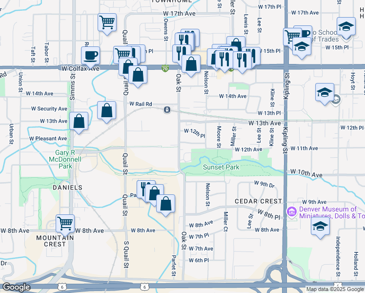 map of restaurants, bars, coffee shops, grocery stores, and more near 10756 West 12th Lane in Lakewood
