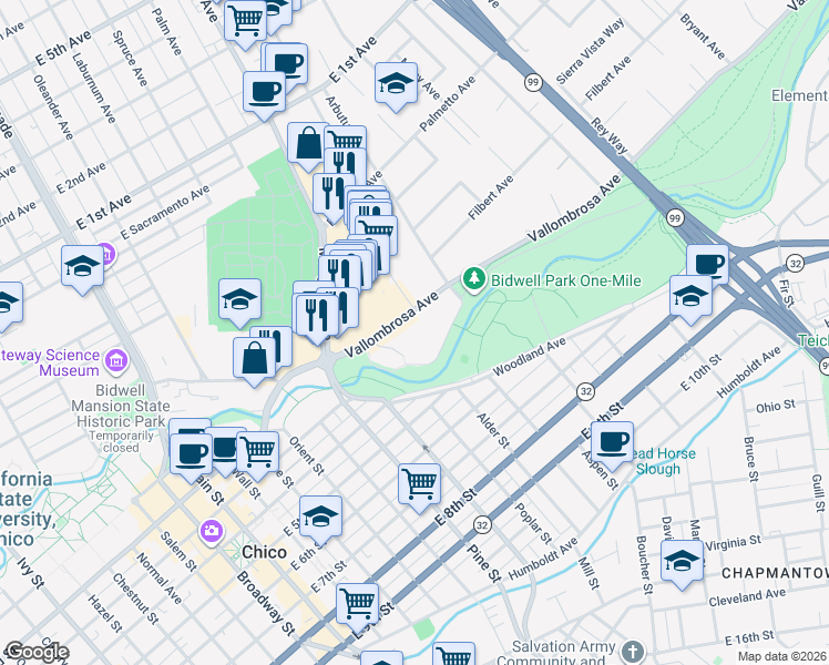 map of restaurants, bars, coffee shops, grocery stores, and more near 555 Vallombrosa Avenue in Chico