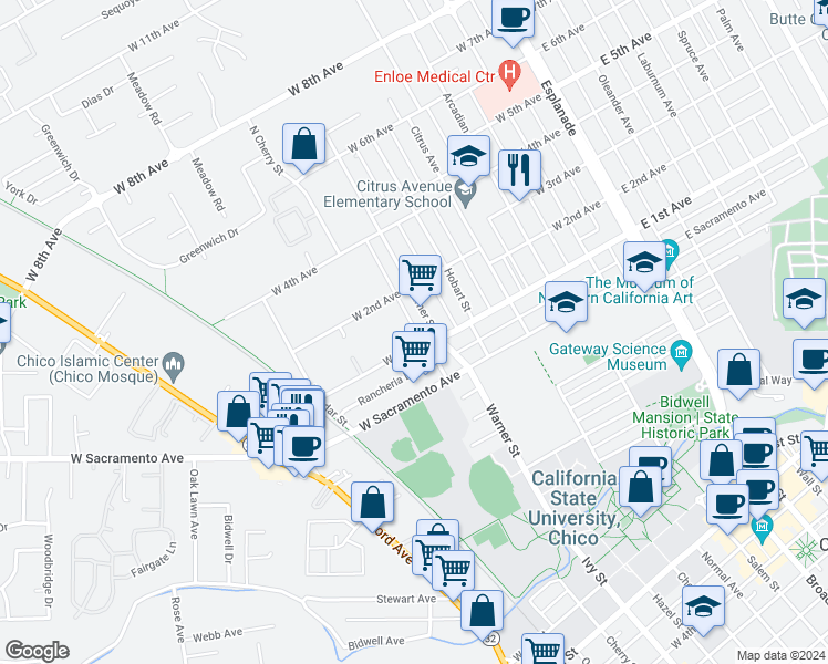 map of restaurants, bars, coffee shops, grocery stores, and more near 1145 Warner Street in Chico