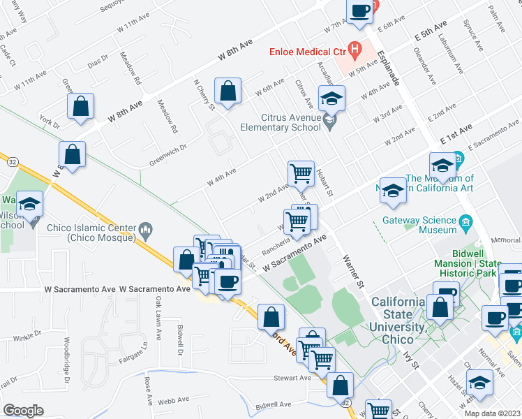 map of restaurants, bars, coffee shops, grocery stores, and more near 726 West 2nd Avenue in Chico